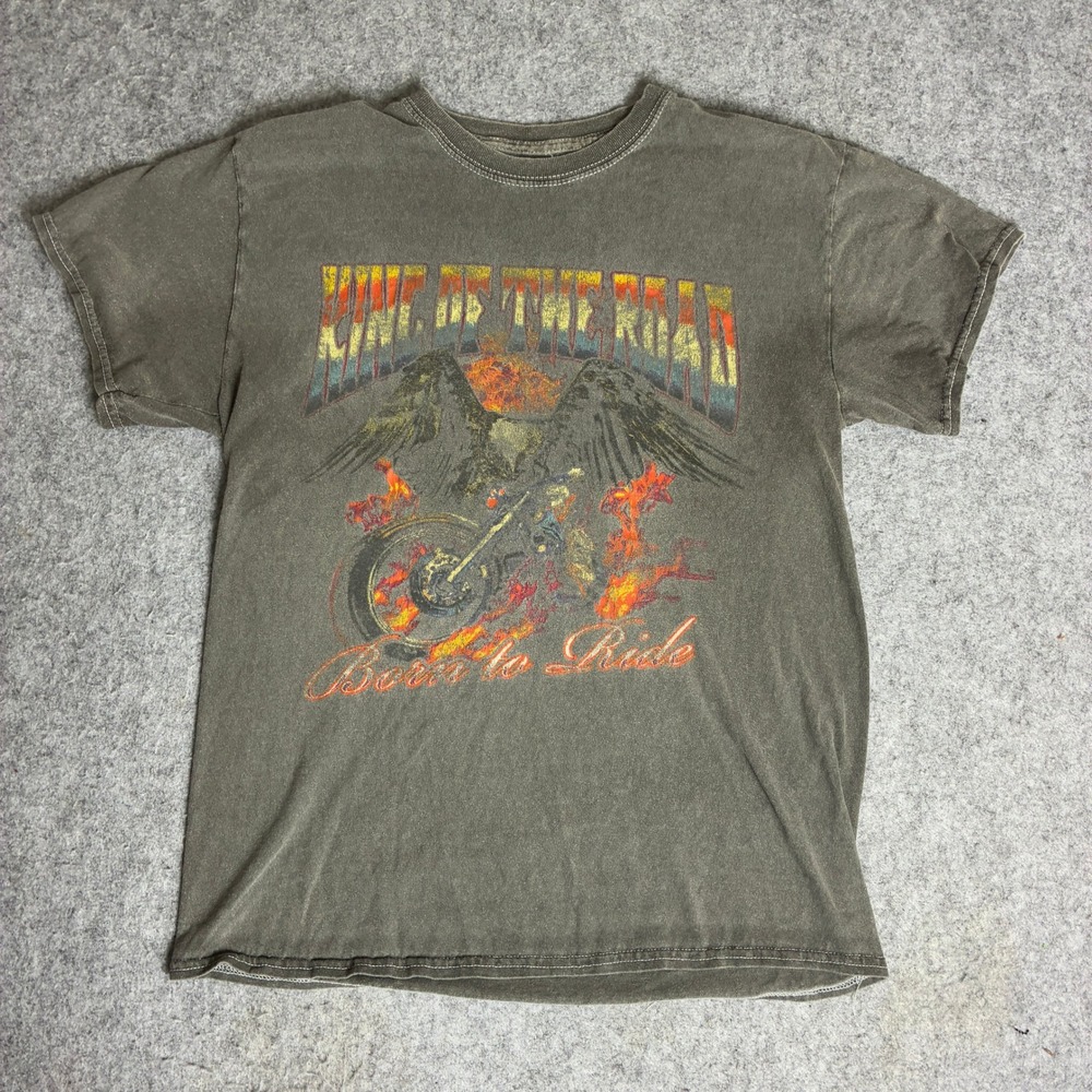 King of the Road Born to Ride Biker Graphic Tee Men's Medium Faded Grey Y2K